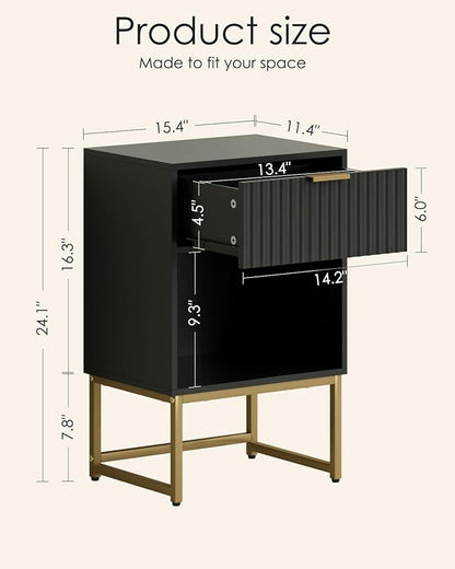 Masupu Fluted Nightstand,Modern Night Stand Wood Bedside Table with Storage Drawer Side End Table for Bedroom,Living Room,Office,Black