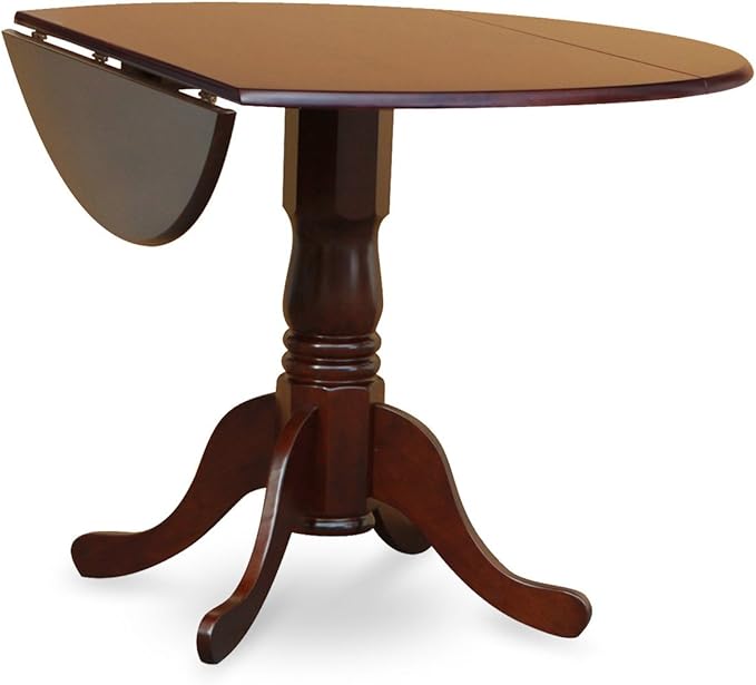 East West Furniture DLAB3-MAH-72 3 Piece Kitchen Table Set Contains a Round Dining Table with Dropleaf and 2 Firebrick Red Faux Leather Upholstered Chairs, 42x42 Inch, Mahogany