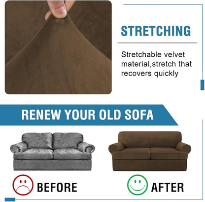 H.VERSAILTEX Sofa Cover 3 Piece T Cushion Loveseat Slipcovers Thick Velvet Couch Cover Stretch T Cushion Sofa Covers for 2 Cushion Couch with 2 Individual T Cushion Covers, Bronze Brown