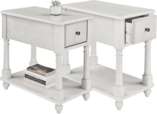 LEEMTORIG Set of 2 Solid Wood End Table Narrow Side Table with Drawer, Cherry Wood End Table Living Room, 13" W Slim Small Nightstand, 22" D x 22.3" H, No-Tools Assembly, Gray White BBJ-004-RW