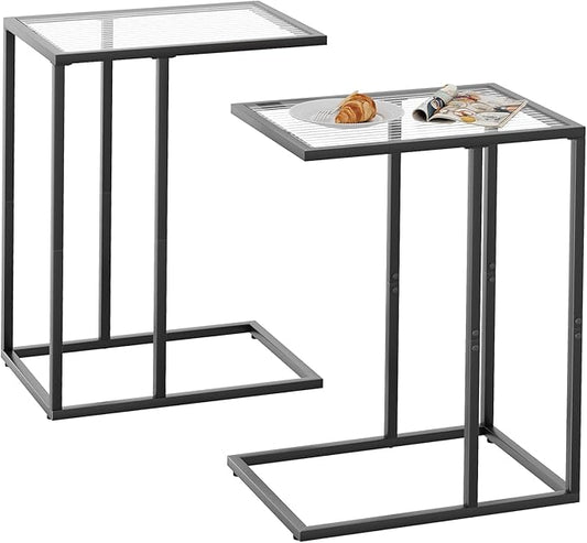 C Shaped End Table Set of 2, Couch Side Tables for Living Room, Small Glass End Table with Metal Frame, Modern Snack Table for Bedroom, Small Space, Easy Assembly, Black, 23.62 x 15.75 x 11.81