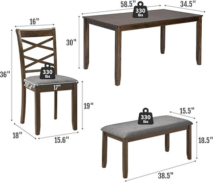 6-Piece Solid Wood Dining Table Set, Includes 1 Dining Table, 4 Upholstered Chairs and 1 Bench, Wooden Legs Dining Table Set for Dining Room, Kitchen, Restaurant, Walnut