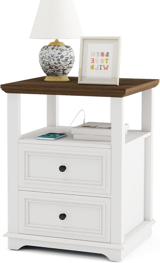 Vipbear Farmhouse Nightstand 18" White End Table with Charging Station & 2 Drawers, Rustic Bedside Table with Storage Shelf for Bedroom, Living Room,18.1" D x 18.1" W x 24.2" H
