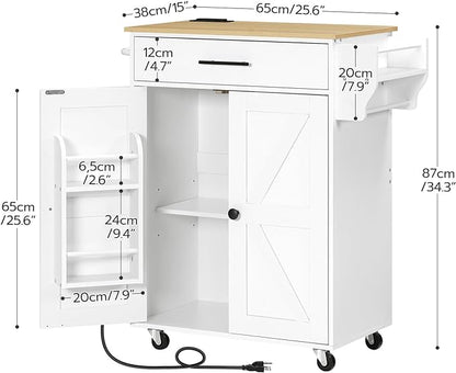 HOOBRO Kitchen Island with Power Outlet, Kitchen Storage Island with Large Worktop, Spice Rack and Drawer, Rolling Island on Wheels, for Dining Room, White and Natural