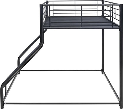 Twin XL Over Queen Metal Floor Bunk Bed with Sloping Stairs and Safety Guardrails for Bedroom,Guest Rooms, No Box Spring Needed, Simple to Assemble,Black