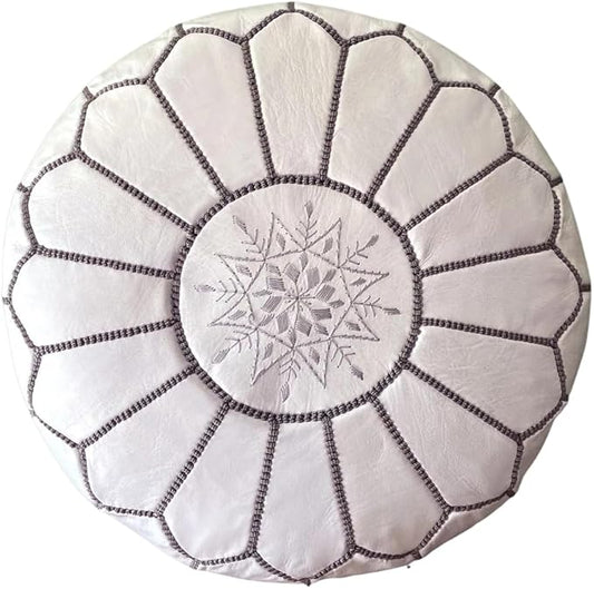 Stuffed Round Design Moroccan Leather Pouf Ottoman, Handmade, Pre-Filled, 100% Genuine Leather, 13” Height x 20” Diameter, Footstool & Living Room Décor (White with Grey Stitches)