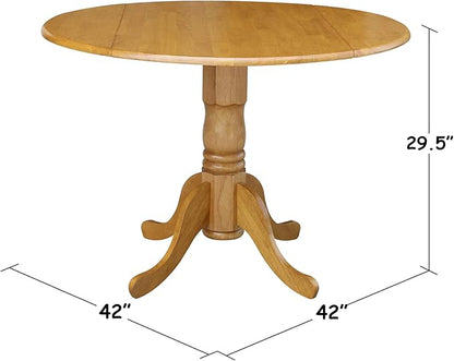IC International Concepts, 42" Round Dual Drop Leaf Pedestal Dining Table, Solid Real Wood, Sturdy Parawood, Dimensions 42"D x 42"W x 29.5"H, 20mm thickness, 40lbs Weight Capacity, Oak
