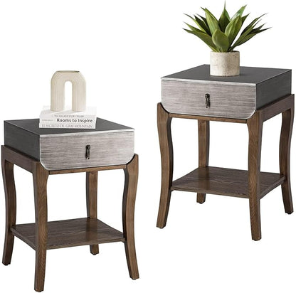 COSIEST Set of 2 Rustic Nightstand, 2-Tier Farmhouse Bedside Table, Wood Accent End Table with Storage Drawer and Open Display Shelf for Bedroom Nursery Living Room (Walnut & Silver)
