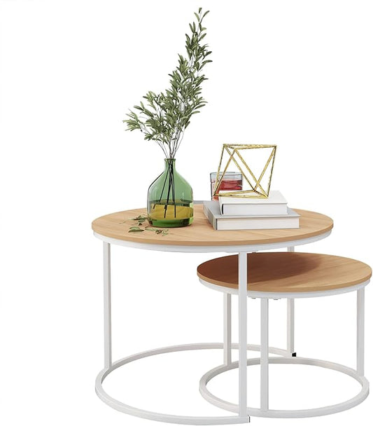 Round Coffee Table Set of 2 End Table for Living Room,Stacking Side Tables,Sturdy& Easy Assembly,Wood Look Accent Furniture with Metal Frame,Industrial/Modern Coffee Table White+Teak OAKDK