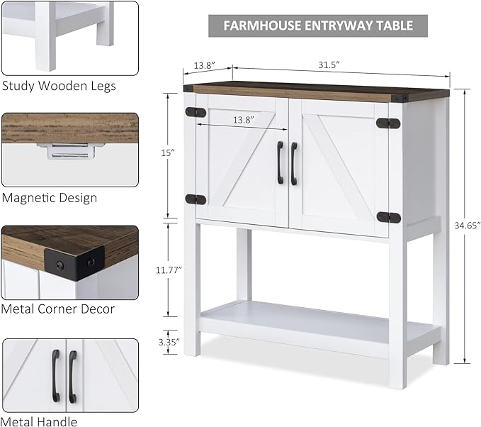 Console Table Coffee Bar Cabinet Sofa Table,31.5 L x 13.8 D x 34.65 H,Entryway Table with 2 Storage Cabinets, Farmhouse Buffet Sideboard for Kitchen, Foyer,Hallway (White)
