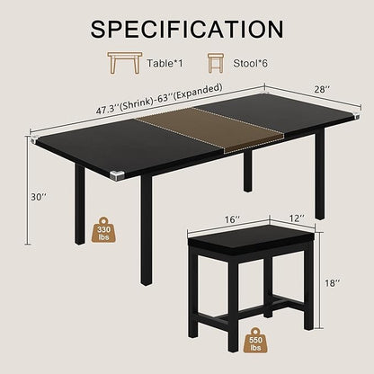 7-Piece Dining Table Set, 63" Extendable Kitchen Room Table with 6 Stools, Mid Century Modern Dinner Table with Metal Frame & MDF Board, Space-Saving, Easy Assembly, Black