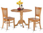 East West Furniture DLVA3-OAK-W 3 Piece Dining Table Set for Small Spaces Contains a Round Dining Room Table with Dropleaf and 2 Wooden Seat Chairs, 42x42 Inch, Oak
