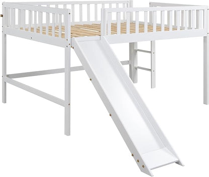 Full Size Low Loft Bed with Ladder and Slide,Vertical Design Wooden Bed Frame, for Kids and Young Teens, No Box Spring Required,Space-Saving,White