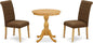 East West Furniture ESBR3-OAK-18 3 Piece Kitchen Table & Chairs Set Contains a Round Dining Room Table with Pedestal and 2 Brown Linen Linen Fabric Parsons Chairs, 30x30 Inch, Oak