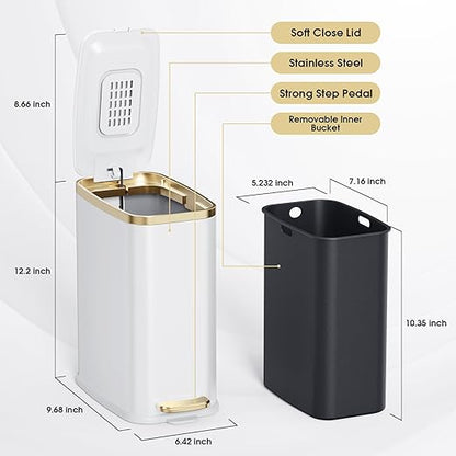 CEROELDA Small Bathroom Trash Can with Lid Soft Close-5L/1.3 Gal Slim Garbage Can-Metal Step Wastebasket-Rectangle Narrow Waste Bin for Office, Bedroom, Toilet, Live Room-White