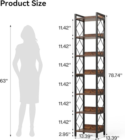 LITTLE TREE Book Shelf Set of 2, 7-Tier Tall Bookcase, Wooden Display Shelves with Metal Frame for Living Room, Modern Narrow Standing Bookshelves for Bedroom, Brown Office Shelf for Small Spaces