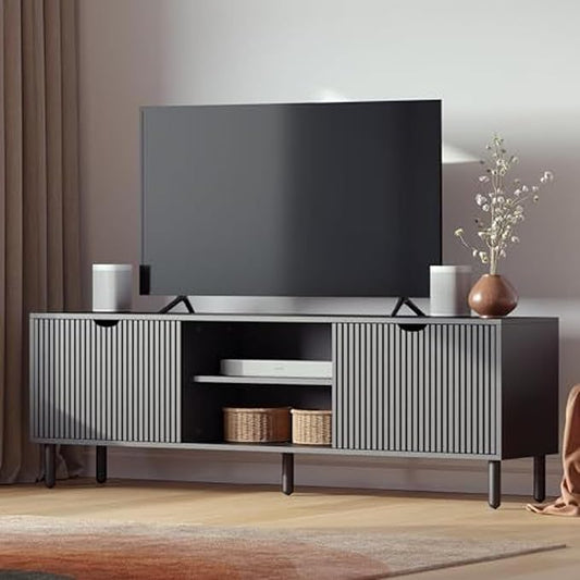Fluted TV Stand - 70-Inch Fluted Black Wood - TV Console Table & Entertainment Center with Storage - Soft-Close Doors, Adjustable Shelves & Cable Management