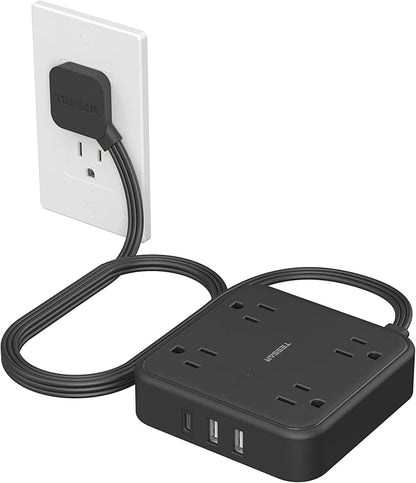 Surge Protector Flat Extension Cord 5FT, TESSAN Flat Plug Power Strip with 4 Outlets 3 USB C Ports (1 USB C), 900 Joules Protection, Multiple Wall Outlet Extender Suitable for Home Office Dorm, Black