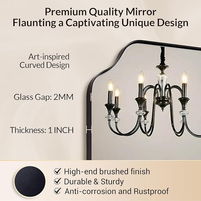 Black Wall Mirror, 24"x36" Black Scalloped Mirror, Unique Curved Edge Design, Anti-Rust SUS304 Frame, Hangs Vertical or Horizontal