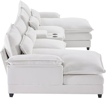 Merax U-Shaped Sectional Sofa with Cupholders, Console and USB Charging Ports, 6-seat Chenille Upholstered Sleeper Couch with Symmetrical Chaise for Living Room, Apartment, 123", White