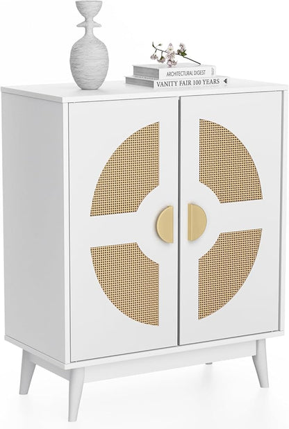 Buffet Cabinet White with Storage, Kitchen Sideboard with Doors & Shelves, Rattan Accent Buffet Console Walnut Media Console Mid Century Coffee Bar Table for Living Room Kitchen Dining Room