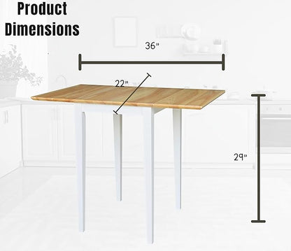 IC International Concepts, Solid Wood Small Drop Leaf Dining Table, Solid Real Wood, Sturdy Parawood, White/Natural