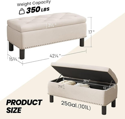 Furniliving 42” Ottoman Bench with Storage, Folding Storage Ottoman Benches with Wood Legs, Upholstered Bedroom Bench with Button-Tufted, Entryway Bench for Bedroom, Linen, Beige