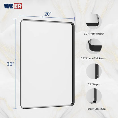 WEER Black Bathroom Mirror 20X30 Inch, Rectangular Matte Black Metal Framed Vanity Mirror, Farmhouse Bathroom Mirror with Tempered Glass, Rounded Corner, Anti-Rust (Horizontal/Vertical)