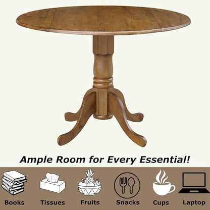 42" Round Dual Drop Leaf Pedestal Dining Table Solid Wood, Easy Assembly, Sturdy Parawood, Kitchen/Dining Room, 29.5"H x 42"W x 42"D, 20mm Thickness Top, Includes Two 9" Drop Leaves