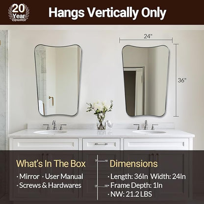ANDY STAR Brushed Nickel Mirror, 24x36 Inch Scalloped Mirror, Unique Bathroom Mirror with Rust-Proof Stainless Steel Metal Frame, Ideal for Entryway, Powder Room
