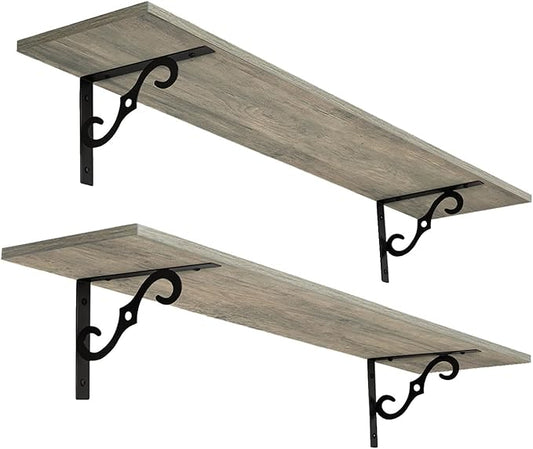 DINZI LVJ Long Wall Shelves, 39.4 Inch Large Floating Shelves Set of 2, Wide Display Shelf Wall Mounted with Brackets, Easy Hanging for Living Room, Toilet, Office, Bedroom, Gray Wash