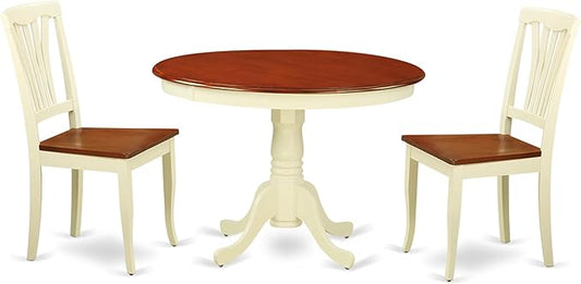 East West Furniture HLAV3-BMK-W 3 Piece Modern Dining Table Set Contains a Round Wooden Table with Pedestal and 2 Kitchen Dining Chairs, 42x42 Inch, Buttermilk & Cherry