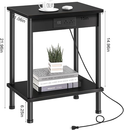 End Table with Charging Station,Small Side Table,2-Tier Nightstand with Storage Shelf,Sofa Bedside Table for Small Spaces in Living Room,Bedroom,Office,Easy Assembly,Black