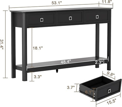 Treocho 53.1" Console Table with 3 Drawers, Modern Entryway Table, 2-Tier Narrow Long Sofa Table Behind Couch Table for Living Room, Hallway, Black
