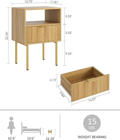 Nightstand,Morden Bedside Table with Gold Frame,Small White Night Stand,End Table,Bedside Furniture,Side Table with Drawer and Shelf for Bedroom,Living Room (1Drawer, Oak)