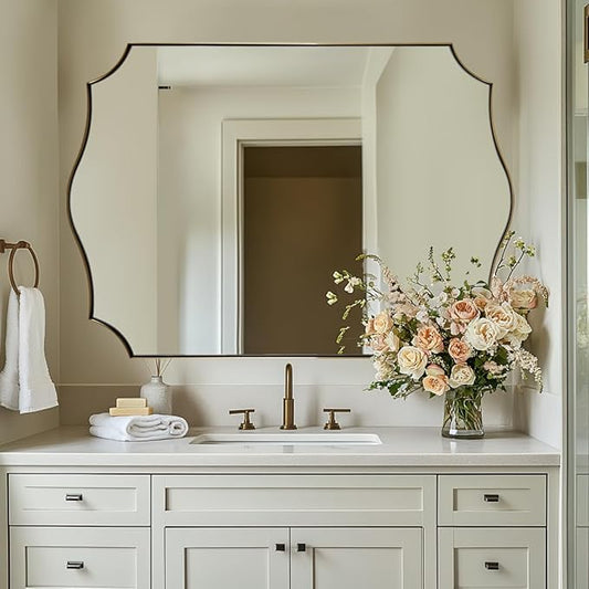 ANDY STAR 30x48 Inch Gold Bathroom Mirror, Large Brushed Gold Rectangle Mirror, Antique Brass Mirror in Rust-Proof Stainless Steel 1" Frame, Unique Wavy Frame Design, Vertically/Horizontally