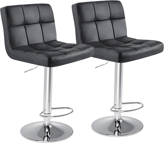 Sweetcrispy Bar Stools Set of 2, Armless PU Leather Adjustable Swivel Barstools, Hydraulic Kitchen Counter Height Thickened Seat Cushion Square Island Countertop Chairs with Back, Light Black