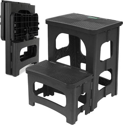 Folding 2-Step Stool for Adults Kids Non-Slip Collapsible Portable Step Stool for Kitchen Home Toilet Bedroom Office Bathroom Rv,Holds 300 Lbs(Black)