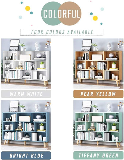 IOTXY Wooden Open Shelf Bookcase - 3-Tier Floor Standing Display Cabinet Rack with Legs, 10 Cubes Kids Bookshelf, Tiffany-Green