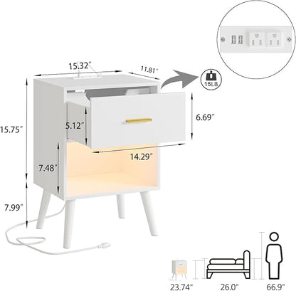 Nightstand with Charging Station and LED Lights, Small Side Table, Bedside Table with Drawer, Modern Night Stand, End Table for Bedroom, Living Room (White)