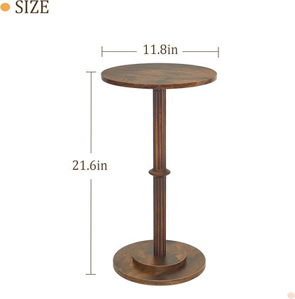 MaxSmeo Drink Table, Small Side Table for Small Spaces, Modern Round End Table with Fluted Wood Leg, Rustic Brown