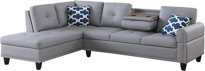 Ball & Cast 98" L Shaped Sectional Couch for Living Room,4 Seat Faux Leather Upholstered Modular Sectional Sofa Set 2 PCS with Chaise,Nailhead Trim,Cup Holders,Coffee Table and 2 Pillows for Home,Gray