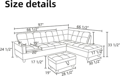 Sectional Couch with Otttoman, 97" L Shaped Couch Sectional Sofa for Living Room, Modern Modular Couches with Cup Holders for Bedroom, Apartments, Beige
