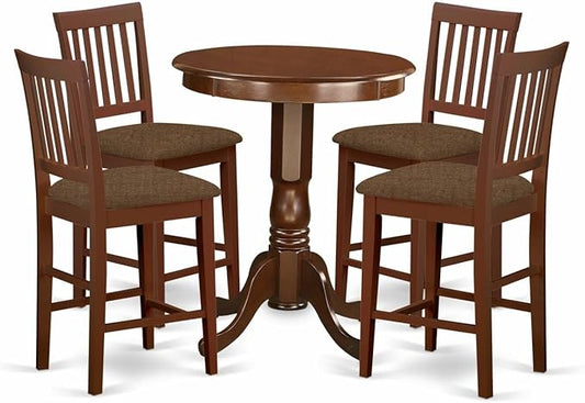 East West Furniture EDVN5-MAH-C 5 Piece Counter Height Dining Table Set Includes a Round Wooden Table with Pedestal and 4 Linen Fabric Upholstered Chairs, 30x30 Inch, Mahogany
