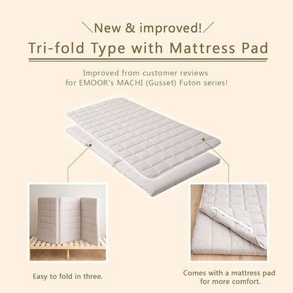 EMOOR Japanese Tri-fold Futon Mattress Machi with Mattress Pad King Gray, Gusset Foldable Storable Washable Floor Sleeping Guest Bed Tatami Mat