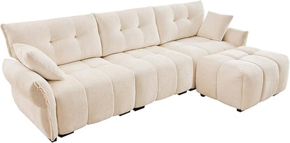 Modern Chenille Fabric 3-Seat Sofa w/Ottoman+2 Pillows, Premium Upholstery Living Room Couch with Tufted Backrest & Comfortable Armrests and High-Resilience Memory Foam Cushions,White