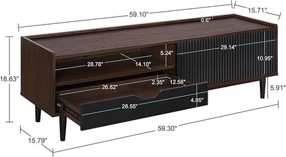 Manhattan Comfort Duane Modern Ribbed 55 Inch TV Stand with 1 Drawer, 2 Shelves, Sliding Door, and Wire Management, Mid-Century Style Entertainment Center and Media Console for Living Room, Black
