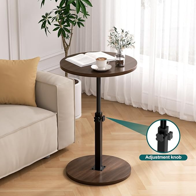 Adjustable Side Table, Round End Table, Small Bedside Table, Mid Century Modern Nightstand for Living Room, Bedroom, Corners and Office (Walnut)