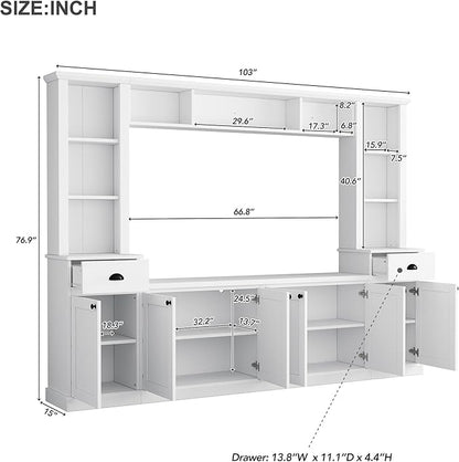 Merax Modern TV Stand Set w/Adjustable Bridge, Storage Media Console & Wall Units - Minimalist Entertainment Center for Living Room, White