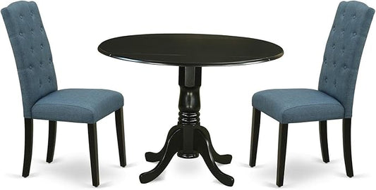 East West Furniture DLCE3-BLK-21 3 Piece Dining Table Set Contains a Round Dining Room Table with Dropleaf and 2 Mineral Blue Linen Fabric Upholstered Chairs, 42x42 Inch, Black